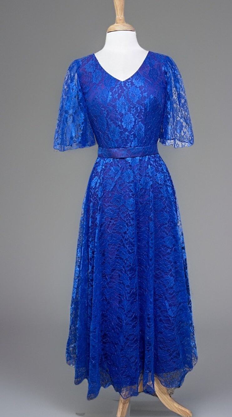 Vintage 70s Mike Benet Formals sz 6 Blue Simply Lace Belted Maxi Dress Prom Hoco
